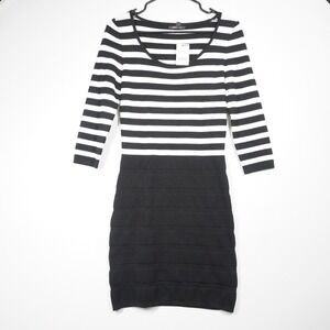 Mango Neda 3 Striped Knit Bandage Dress Black White Scoop Neck 3/4 Sleeve Size 6